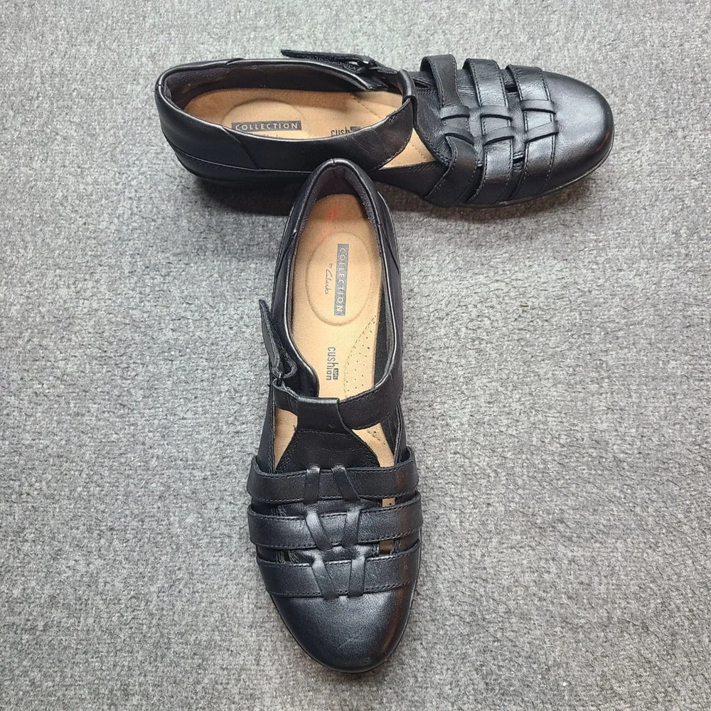 Clarks Women Black Leather Woven Strappy Mary Jane Flats Shoes 8.5M